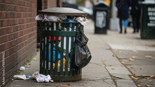 Overflowing public metal trash receptacle crammed full of discarded refuse and plastic bags sits on an urban sidewalk next to a brick wall on a gloomy day.