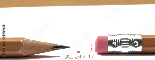 Close up of a sharpened wooden pencil tip ready to write near its pink eraser actively removing the handwritten word edit from clean white paper