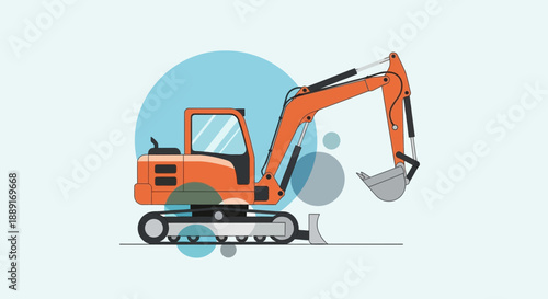 Bold Orange Excavator Machine Illustration on Light Blue Backdrop