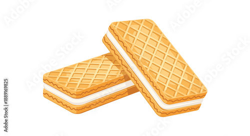 Two vanilla cream wafer cookies stacked, one slightly overlapping the other, featuring a crisp texture and sweet white filling, ideal for a delightful treat.