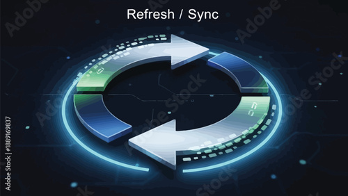 Digital arrows forming a continuous cycle graphic illustrating the concept of data refresh or synchronization processes against a dark technological background