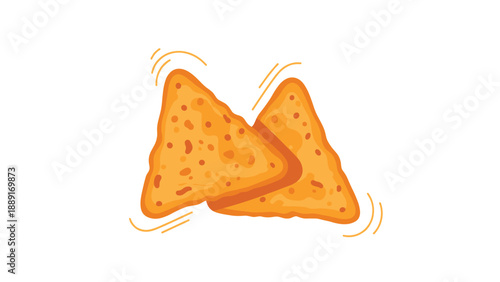 Two crispy and golden yellow nacho corn chips floating with motion lines, representing a popular crunchy snack for parties and gatherings.