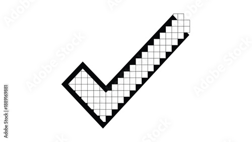 Black and white pixelated checkmark icon with a diagonal pattern and bold outline, symbolizing completion, success, or a correct choice in design.