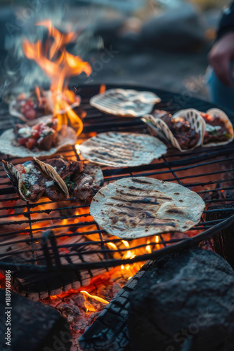 Tacos grilling over an open campfire during an outdoor cookout, creating a rustic and adventurous dining experience.