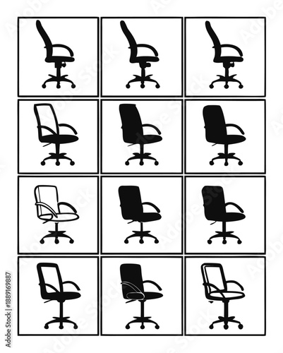 Nine office chair variations displayed in a grid pattern showcasing differing designs silhouette high quality professional