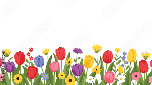 Horizontal floral border featuring various colorful spring flowers like tulips, daisies, and lavender in a vibrant garden scene at the bottom.