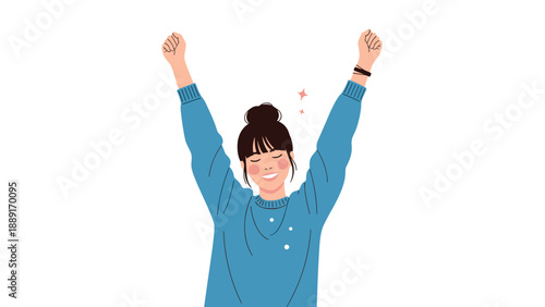 Joyful young woman with her hair in a bun wearing a blue sweater and celebrating with both arms raised in a gesture of success and happiness.