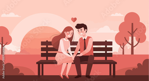 Couple Sitting on Park Bench Holding Hands in Sunset