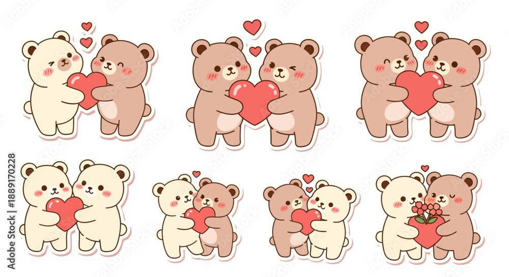 Obraz premium Cute Bear Couples Hugging and Holding Heart Symbols