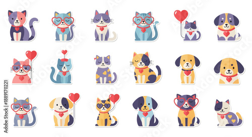 Cute cartoon cats and dogs with heart balloons and accessories