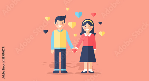 Cute Couple Holding Hands with Hearts Around Them