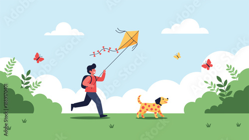 Young boy running through a green meadow while flying a yellow kite, accompanied by his happy spotted dog on a beautiful sunny spring day.