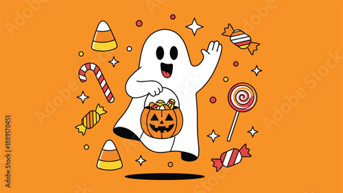Happy cartoon ghost holding a jack-o-lantern bucket filled with candy, surrounded by various sweets on a vibrant orange background for Halloween.