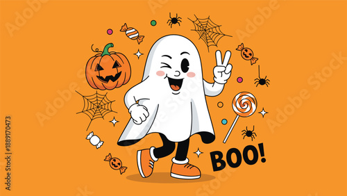 Cheerful winking ghost character flashing a peace sign, surrounded by a jack-o-lantern, spider webs, and candy on a bright orange background.