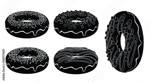 Five black and white illustrations of various donut shapes and textures