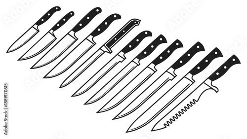 A collection of various kitchen knives displayed in a striking black silhouette high quality professional detailed