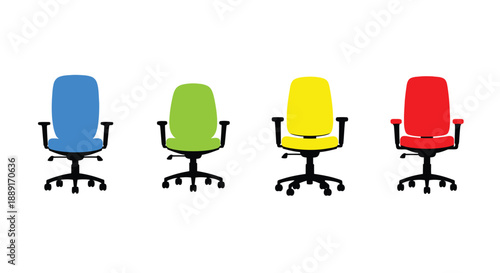 Four office chairs in vibrant colors aligned in a row