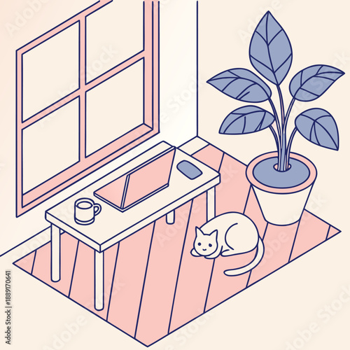 Cozy Home Office Workspace with Laptop Coffee and Houseplant