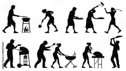 A series of black silhouettes depicting people enjoying various summer barbecue activities high quality professional detailed