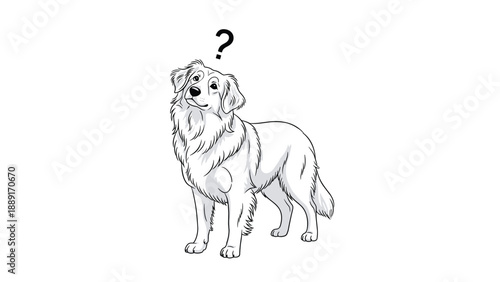 Curious white dog standing and looking up at a black question mark, depicting a confused or thinking pet in a clean hand-drawn art style.