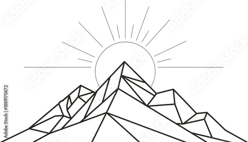 Minimalist geometric line art illustration features a stylized mountain peak rising toward a bright rising sun creating an abstract landscape for travel and nature design concepts