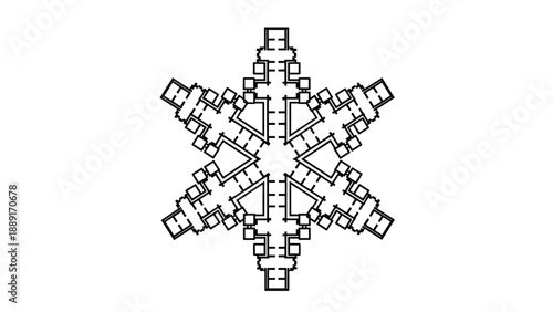 Complex and symmetrical snowflake design shown in black and white line art, featuring geometric patterns and crystalline structures for winter theme.