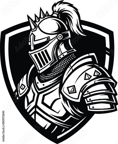 Medieval knight in armor with shield and feathered helmet, heroic warrior mascot, black and white cad drawing flat vector illustration for gaming