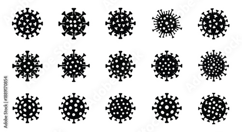 Arrangement of black coronavirus particle illustrations on a white background