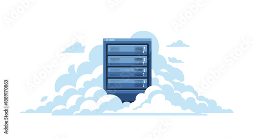 Server rack situated within stylized clouds, representing cloud computing and data storage, with a clean, digital aesthetic and a minimalist approach.