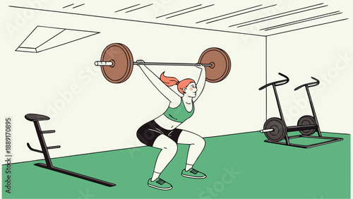 Woman performing a weightlifting squat in a minimalist gym setting illustrated silhouette high quality professional detailed