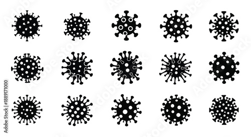 Collection of black coronavirus icons depicting viral structures on white background