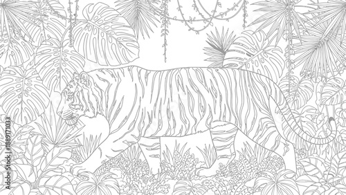 Coloring page featuring a majestic tiger walking stealthily through dense, detailed tropical jungle foliage filled with various exotic leaves and hanging vines for adult relaxation.