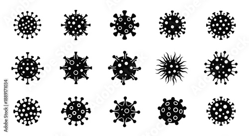 Collection of black virus icons depicting coronavirus structures and variants