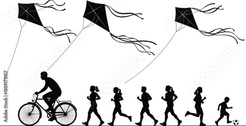 Silhouette of people enjoying outdoor activities with kites flying and children running and cycling in a clean flat vector illustration style for design
