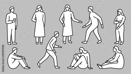 Set of Outline People in Various Poses Such as Sitting, Standing, Walking, and Using Phone Vector Illustration Isolated on Gray Background.