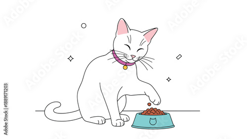 Cheerful white cat wearing a purple collar reaching for a piece of kibble from its blue food bowl on a clean white background for pet themes.