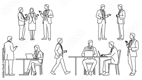 Business people outline vector illustration set of men and women characters talking, working, sitting, standing, and walking on a transparent background.