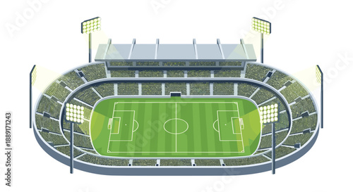 Aerial view of a football stadium during a match, with illuminated stands and a green playing field, highlighting the oval structure and athletic competition.