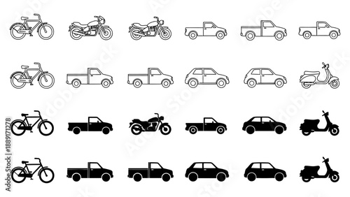 Set of transport vehicles icons collection in different styles: bicycle, motorcycle, car, truck, scooter symbol illustration.