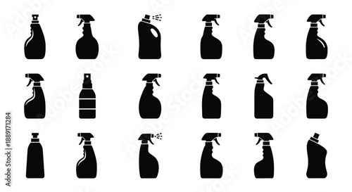 Collection of black spray bottles in various shapes and sizes