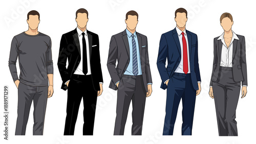 Various fashionable business male and female standing in office worker suit vector illustration transparent background.