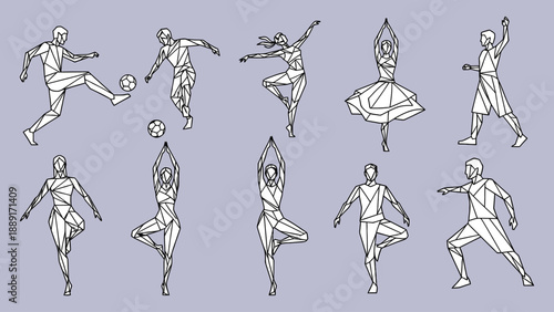 Geometric vector illustration showing various poses of athletic people engaged in physical activities and fitness exercises.