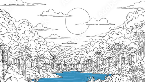 Forest landscape line art with trees silhouette and nature plants foliage in a woodland scene with a lake under the sun.