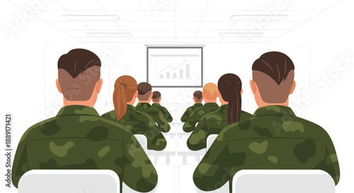 Soldiers in military uniforms attending a presentation with charts on a projection screen, indicating a strategic meeting or educational session.
