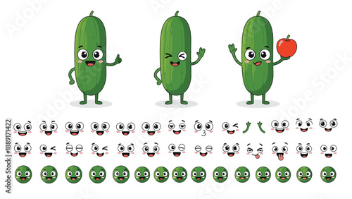 Fun set of green cucumber characters with various facial expressions and small green icons against a white background for healthy eating themes.