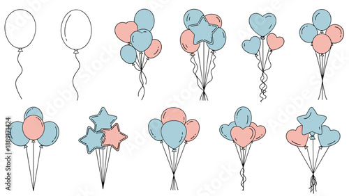 Large set of colorful balloon bouquets in various shapes including hearts and stars shown in different colors and line art styles for events.