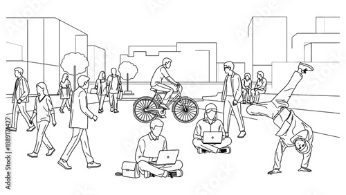 Street scene line art vector illustration of people walking city urban background with buildings drawing, and lifestyle scenery.