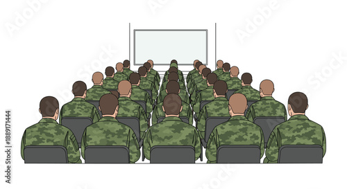 A group of soldiers in camouflage uniforms sitting in chairs facing a blank projection screen, suggesting a military training or briefing session.