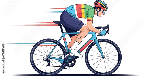 Determined professional cyclist wearing a brightly colored jersey and helmet aggressively riding a modern road bicycle with speed lines illustrating fast motion against a white background