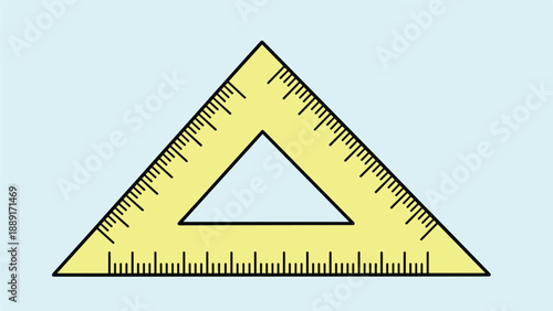 Yellow plastic triangle ruler with measurement markings shown against a light blue background for school, math, or drafting theme projects.